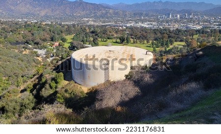 One of the many water tanks in Griffith Park, Los Angeles, California, part of the grey water system used for irrigation and fire fighting.