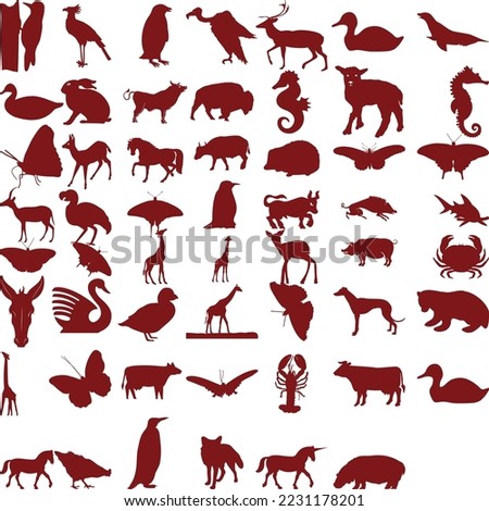 Animals silhouettes set. Deer, bear, wolf, tiger, fox, panda, raccoon, rabbit, owl, mouse, eagle, weasel, roe deer, chipmunk, elephant, giraffe isolated on white background. Wildlife collection