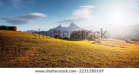 Wonderful nature landscape. Incredible autumn scenery. View on Alpine highlands with Watzmann mount, grasse hils and perfect sky. Famous National Park Berchtesgadener Land, Bavaria, Germany Royalty-Free Stock Photo #2231180169