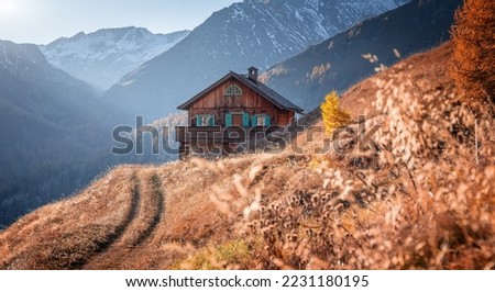 Wonderfu alpine highlands in sunny day. Scenery of nature with hunter hut. Stunning Austrian Alps. Incredible natural background. Amazing mountain autumn landscape. picture of wild nature