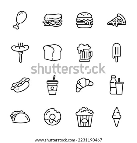 fast food related vector thin line icons. there are pizza, burger, bread, Croissant; beer; soft serve ice cream,French fries and others vector illustration isolated in white background