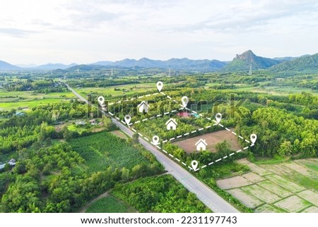 Land plot for building house aerial view, land field with pins, pin location for housing subdivision residential development owned sale rent buy or investment home or house expand the city suburb Royalty-Free Stock Photo #2231197743