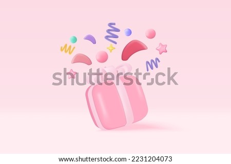 3d gift box set with pastel ribbon bow and flying confetti. Firecracker explodes with ribbon explode for surprise, winner, birthday party and anniversary. 3d gift box icon vector render illustration