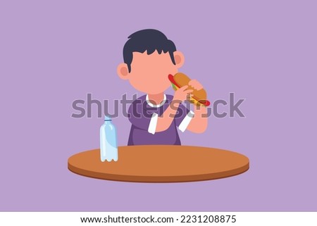Graphic flat design drawing adorable little boy sitting at table and eating hotdog sandwich. Tasty street fast food concept. Unhealthy snack for preschool kid child. Cartoon style vector illustration