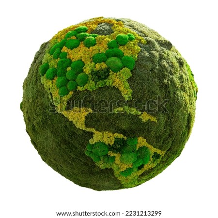 Green planet Earth from moss isolated on white background. Symbol of sustainable development and renewable energy	