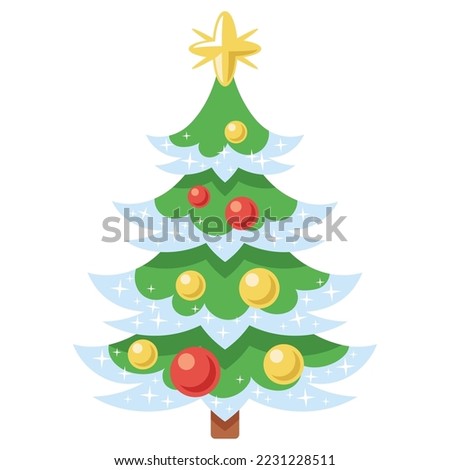 Vector illustration of snow covered Christmas tree with yellow star