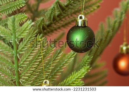 Christmas tree and ornaments background, colorful still life