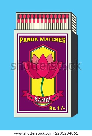 Lotus Flower (kamal) vector icon. illustration in Matchbox and matches illustration. Vintage and antique matchbox packaging design illustration. retro style packaging. old style. open box template. Royalty-Free Stock Photo #2231234061