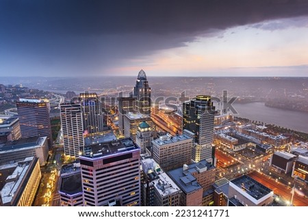 Cincinnati, Ohio, USA cityscape from above at twilight.