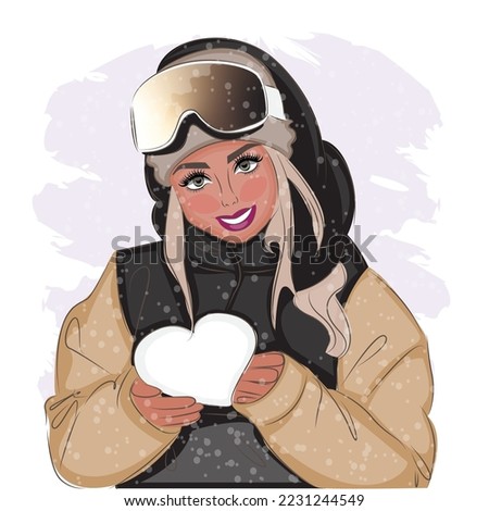 Fashionable woman in ski goggles at a ski resort, fashion, vector illustration