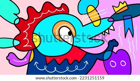 Vector colorful abstract doodle hand drawn monster and animal illustration for digital banner designs 2023
