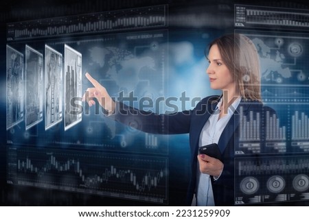 Young business lady in futuristic office. Global corporate concept