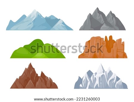 Cartoon mountains ridges. Nature landscape elements with snowy tops, green hills, stone cliffs. Outdoor wild areas for hiking or extreme sport in different weather conditions isolated vector set Royalty-Free Stock Photo #2231260003