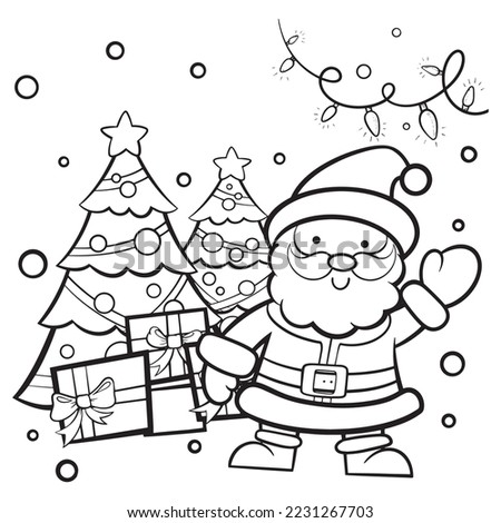 Santa Claus line drawings, cute cartoons on Christmas day. There is a pine tree decorated with a gift box. There is snow and light bulbs. Clip art, posters, paintings for children.