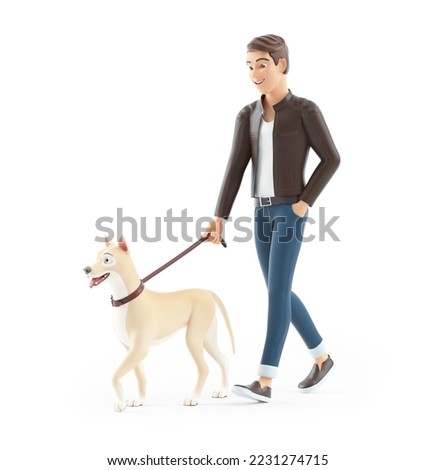 3d cartoon man walking his dog, illustration isolated on white background