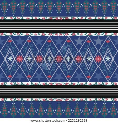 Christmas seamless pattern and blue background.Geometric ethnic pattern traditional Design for background, carpet, wallpaper, clothing, wrapping, Batik, fabric, sarong, embroidery style.