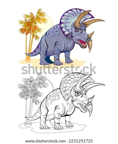 Colorful and black and white page for coloring book. Illustration of cute triceratops. Printable worksheet for children exercise book. Online education. Clip-art cartoon vector. Animals for kids.