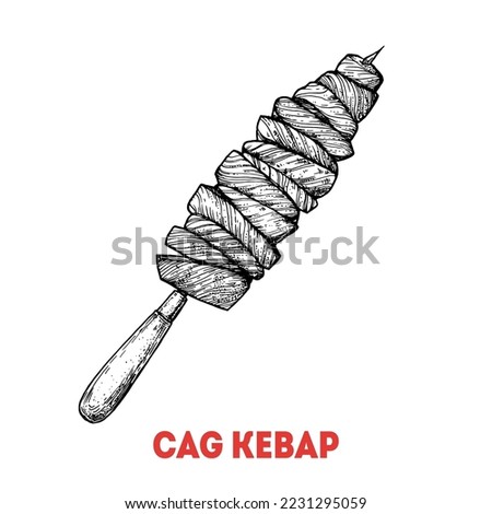 Cag Kebab sketch, Turkish food. Hand drawn vector illustration. Turkish street food. Sketch style. Top view. Vintage vector illustration.