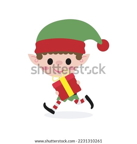 Merry Christmas and Happy new year, cute Little elf cheerful in winter banner template Xmas holiday party concept illustration character HNY isolated on background vector