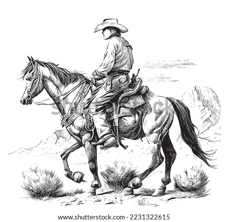 Cowboy on a horse retro engraved hand drawn sketch Vector illustration