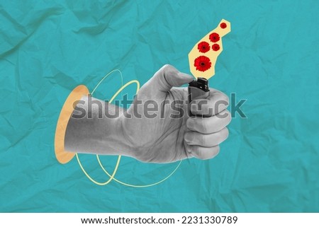 Composite collage portrait of black white effect arm hold lighter flowers instead flame isolated on drawing background
