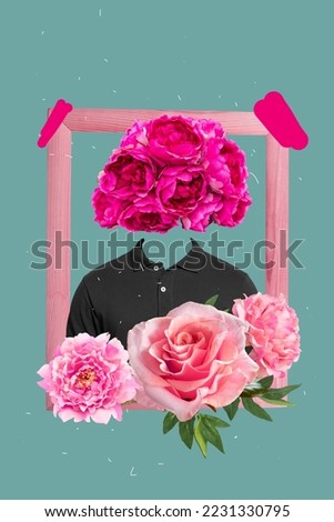 Vertical collage illustration of wooden frame portrait man shirt flowers instead head isolated on painted background