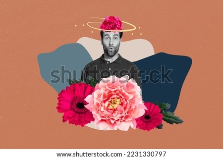 Creative collage picture of impressed minded guy black white effect head flower isolated on drawing creative background