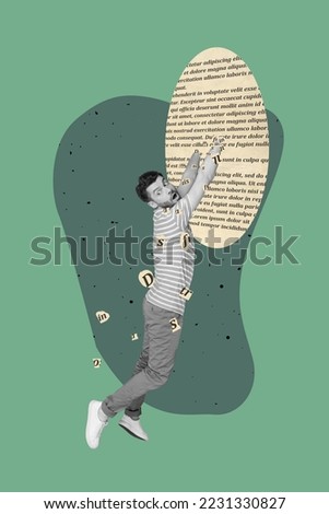 Vertical collage of impressed nervous worried black white effect guy hands hold hang book page falling letters text