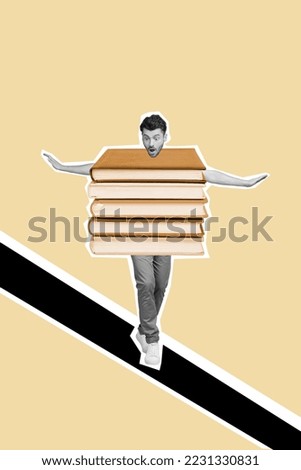 Vertical collage image of impressed mini black white gamma guy pile stack book instead body walking keep balance isolated on painted background
