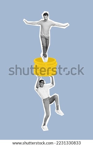 Vertical collage image of two black white colors people arms hold guy stand heavy pile stack money coins isolated on drawing background