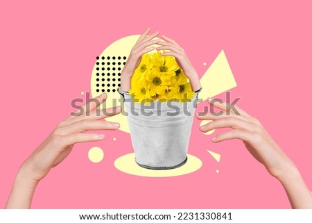 Creative collage illustration of human arms mini bucket flowers isolated on creative pink background