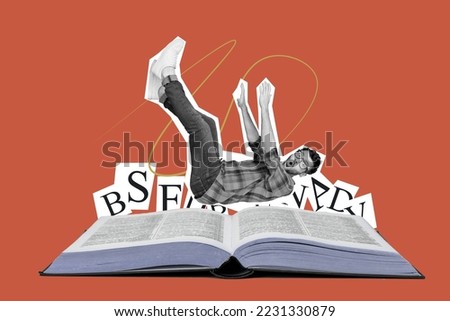 Creative collage portrait of impressed mini black white colors guy falling huge opened book isolated on painted background