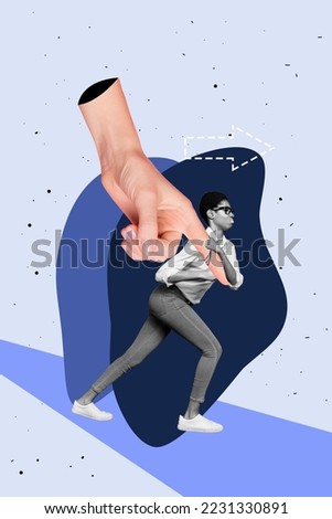 Vertical collage image of black white gamma person hold pull big arm pointing finger isolated on painted background