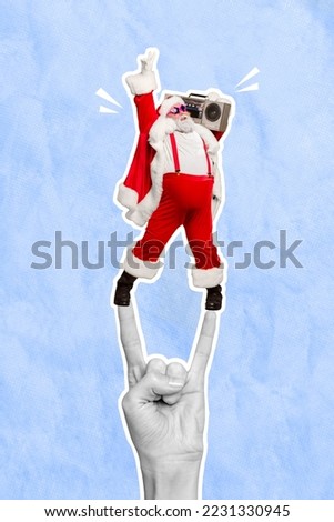 Photo collage artwork minimal picture of arms showing hard rock sign santa listen x-mas carols isolated drawing background
