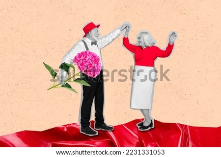 Collage photo of old age couple granny people dancing formal clother anniversary long time together listen retro music isolated on beige background