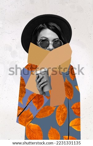 Vertical collage illustration of stylish lovely girl model enjoy fall morning buy coffee take away wear hat sunglass leaves pattern coat