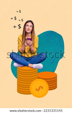 Collage photo of young dreaming business lady count her earnings online ecommerce profit hold phone sitting pile coins isolated on beige background