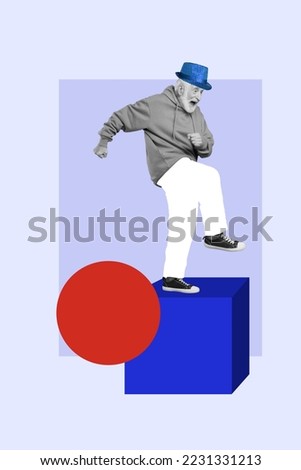 Vertical collage picture of excited positive black white gamma granddad enjoy dancing cube platform isolated on painted background
