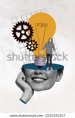 Vertical poster collage of open head lamp inside black and white isolated on painting grey color background Royalty-Free Stock Photo #2231331257
