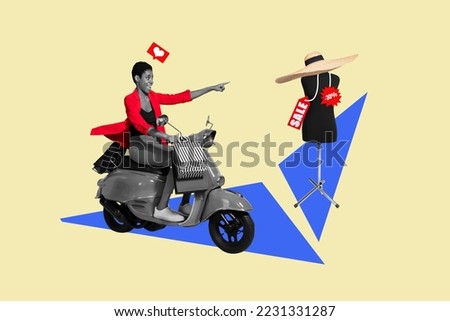 Creative collage of excited black white gamma person drive moped bike point finger sale offer rack isolated on painted background