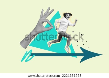 Creative collage picture of big arm fingers black white gamma demonstrate okey symbol mini girl running arrow indicator isolated on painted background