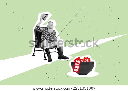 Artwork magazine collage picture of excited funny old guy fishing sales tags isolated drawing background
