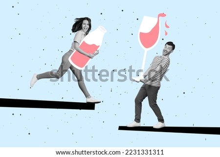 Exclusive magazine picture sketch collage image of funny smiling lady guy enjoying wine isolated painting background