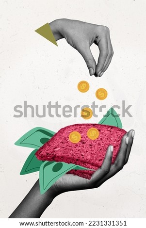 Collage photo of abstract surrealistic fantasy money maker salt coin tokens sandwich money isolated on white color background