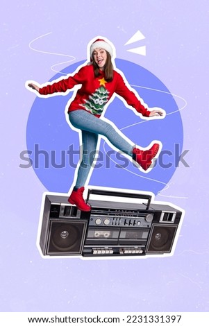 Vertical collage image of overjoyed excited girl have good mood dancing big boombox isolated on drawing background