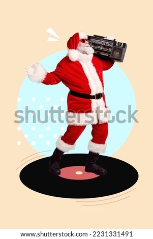 Vertical collage picture of overjoyed positive aged santa carry boombox enjoy music dancing big vinyl record isolated on drawing background