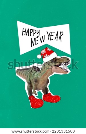 Vertical collage of dinosaur santa headwear roar happy new year isolated on creative drawing background