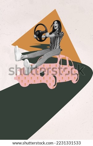 Vertical poster collage of lady drive car black and white filter isolated on painting color background