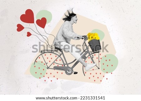 Collage photo of young crazy attractive woman riding bicycle with absurd little red heart lovely wheels fast isolated on painted background