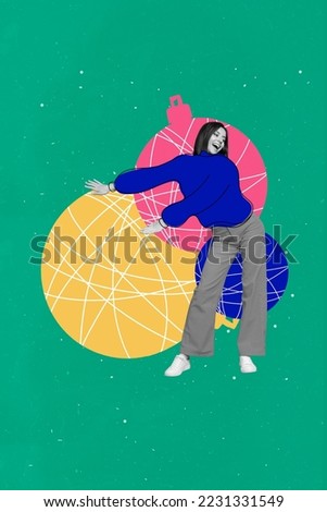 Vertical collage picture of excited positive black white gamma girl dancing big painted xmas tree toys isolated on drawing background